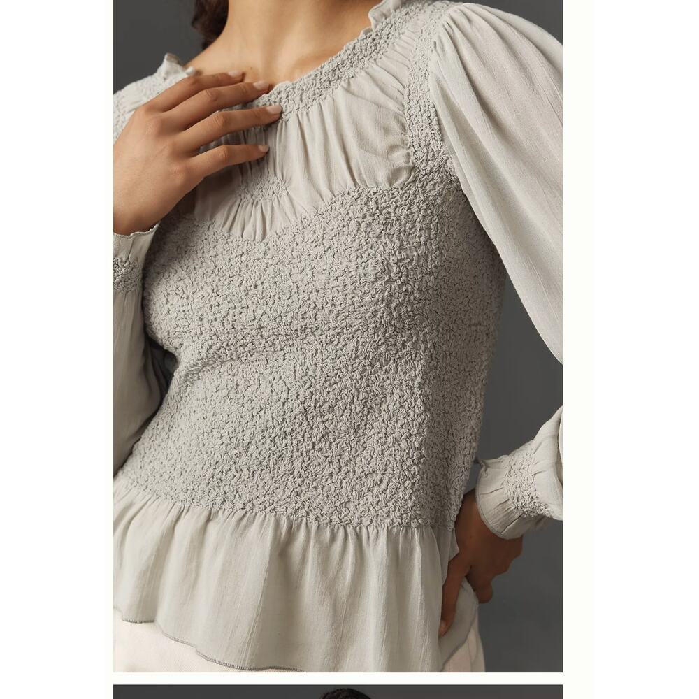 By Anthropologie Balloon-Sleeve Smocked Peplum Blouse Small Green Gray - Picture 5 of 6